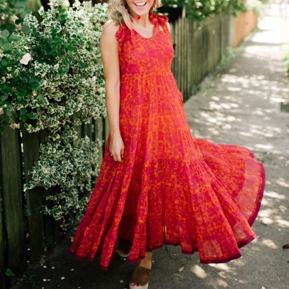 Free People Bohemian Tangerine Floral Kikas Printed Tie Straps Maxi Dress